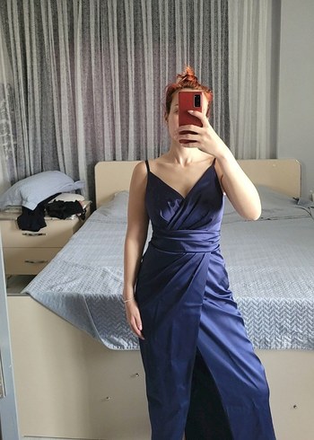 Lacivert Drapeli Uzun Yırtmaçlı Abiye Elbise