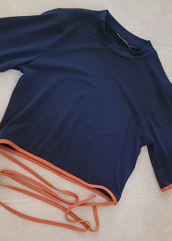 Lacivert Uzun Kollu Crop Top