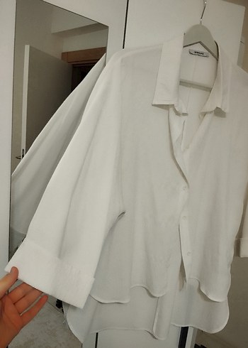 Beyaz Keten Düğmeli Kadın Gömlek - Görsel 2