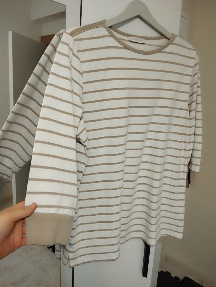 Bej Çizgili  Uzun Kollu Tişört - Görsel 2
