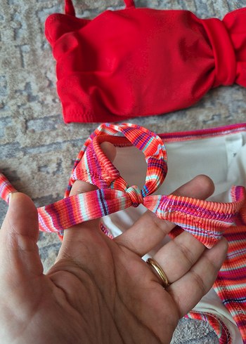 38 Beden Suwen Renkli Bağcıklı Bohem Bikini Takımı