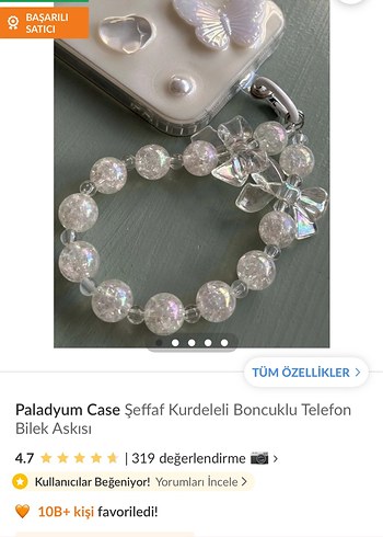 Boncuklu Beyaz Telefon bilek askısı ve 2 adet kablo koruyucusu - Görsel 2