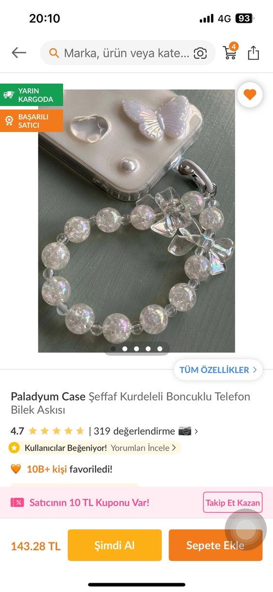 Boncuklu Beyaz Telefon bilek askısı ve 2 adet kablo koruyucusu - Görsel 2