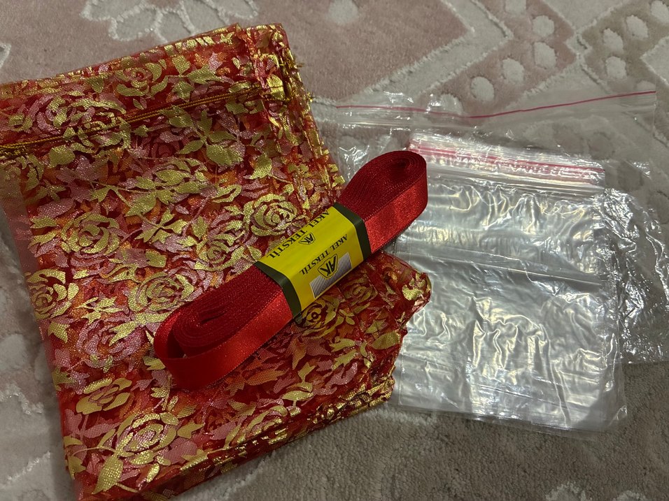 Kırmızı Altın Desenli kese &  10 mt kurdele  Paketi — görsel 2/15