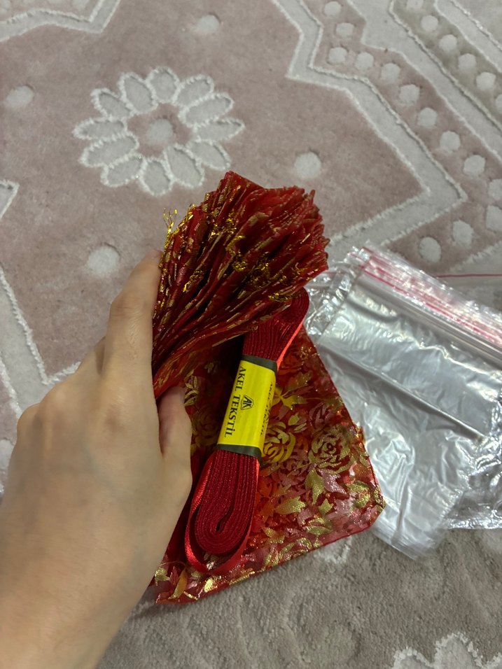 Kırmızı Altın Desenli kese &  10 mt kurdele  Paketi — görsel 5/15