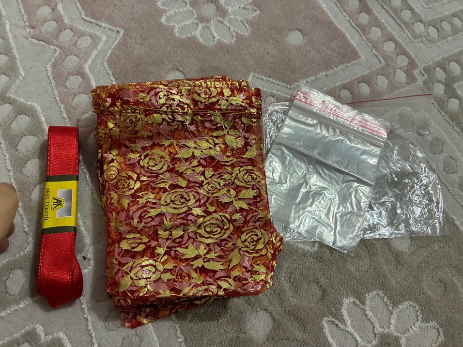 Kırmızı Altın Desenli kese &  10 mt kurdele  Paketi — görsel 11/15
