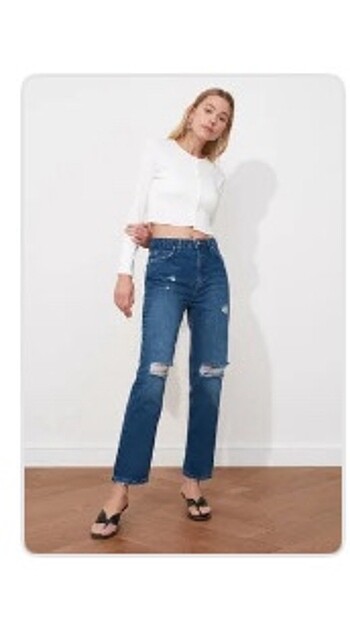 Mavi yırtık detaylı yüksek bel straight Jeans