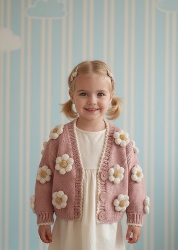 Çiçek Desenli Pembe Örgü Kız Hırka - Görsel 2