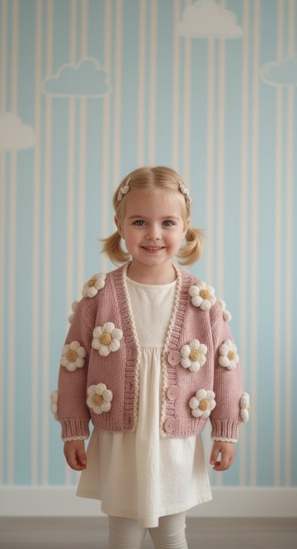 Çiçek Desenli Pembe Örgü Kız Hırka - Görsel 2