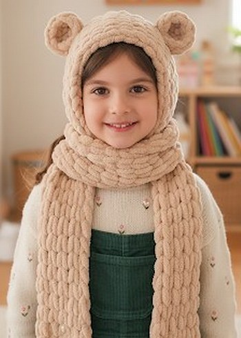 Bej Örgü Çocuk Bere ve Atkı Seti - Görsel 2