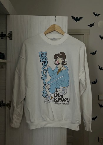 Baskılı Beyaz Pamuklu Uzun Kollu Sweatshirt