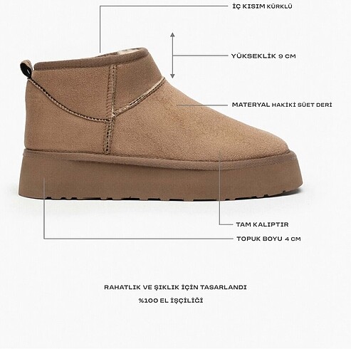 Zara Mini Koyu Bej Suet İçi Kürklü Kalın Taban Ugg Bot