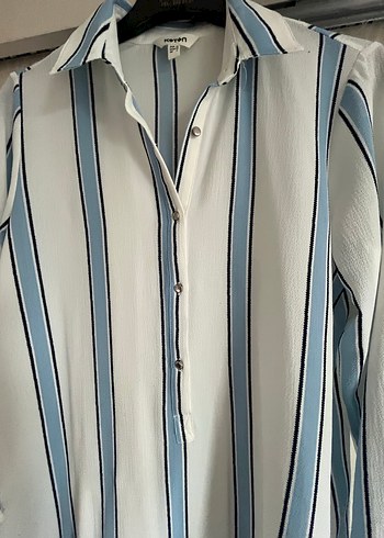 Düğmeli Çizgili Midi Kadın Gömlek tunik - Görsel 5