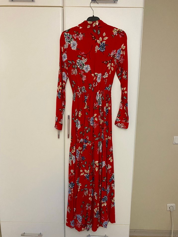 Uzun Kollu Desenli Kırmızı Bohem Elbise - Görsel 2