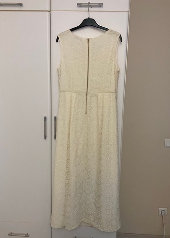 Kadın Beyaz Dantelli Kolsuz Uzun Keten Elbise - Görsel 2