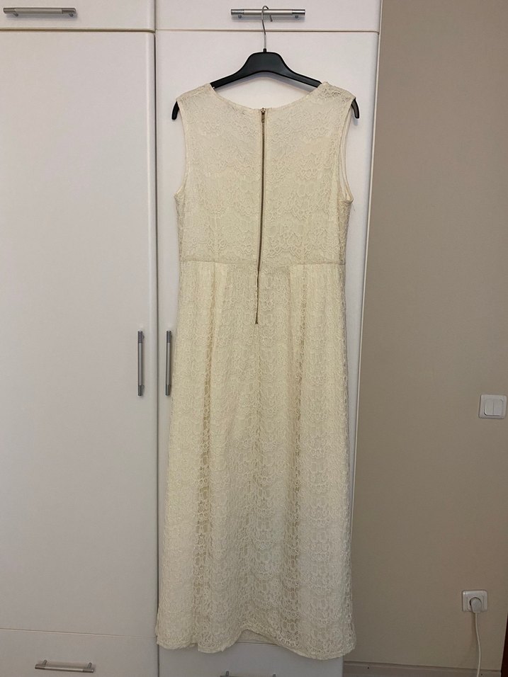 Kadın Beyaz Dantelli Kolsuz Uzun Keten Elbise - Görsel 2