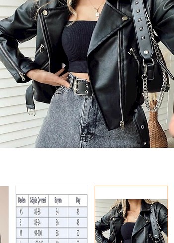 Kemerli Siyah Kısa Deri Biker Ceket - Görsel 2