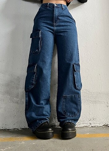 Denim Yuvarlak Körüklü Kargo Cep Wide Jeans