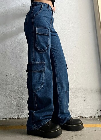 Diğer Denim Yuvarlak Körüklü Kargo Cep Wide Jeans