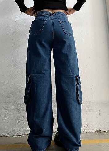 27 Beden Denim Yuvarlak Körüklü Kargo Cep Wide Jeans