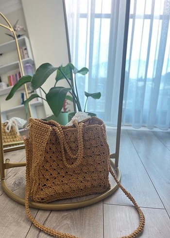 Bej Dantel Detaylı Örgü Bohem Çanta - Görsel 3