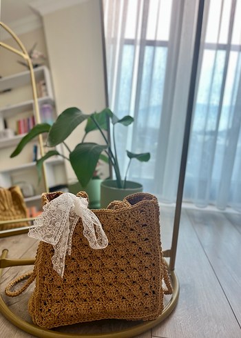 Bej Dantel Detaylı Örgü Bohem Çanta - Görsel 4