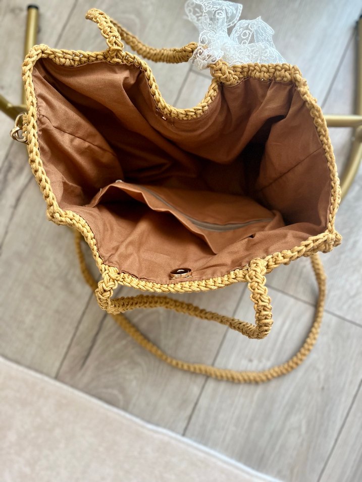 Bej Dantel Detaylı Örgü Bohem Çanta - Görsel 2