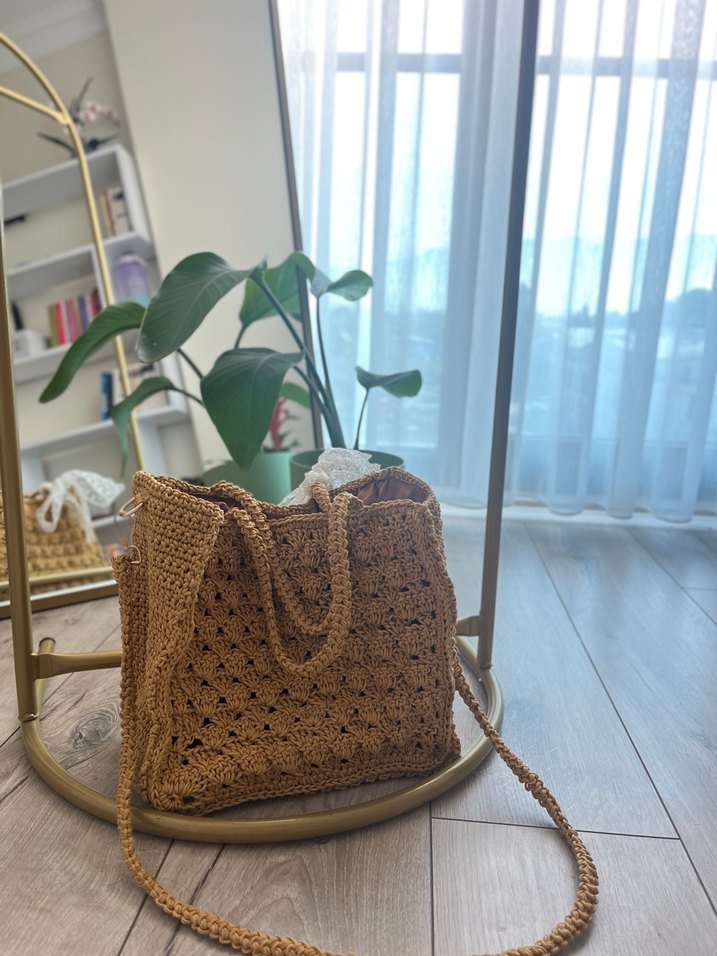 Bej Dantel Detaylı Örgü Bohem Çanta - Görsel 3