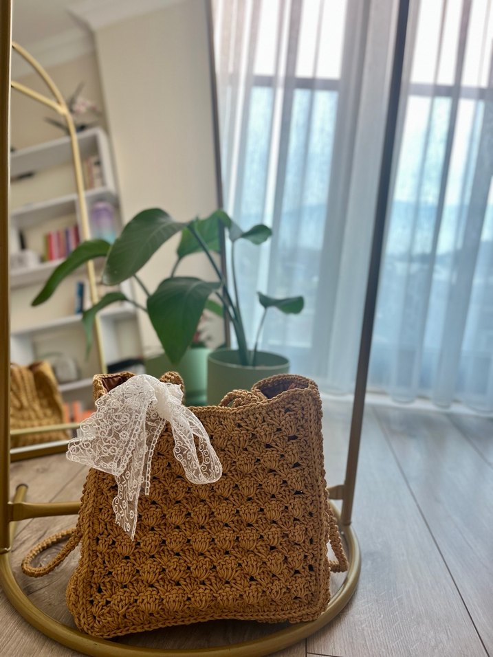 Bej Dantel Detaylı Örgü Bohem Çanta - Görsel 4