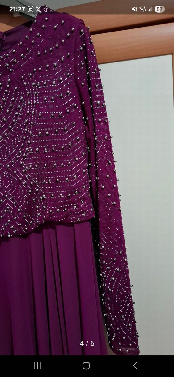 Boncuk İşlemeli Uzun Mor Abiye Elbise - Görsel 4