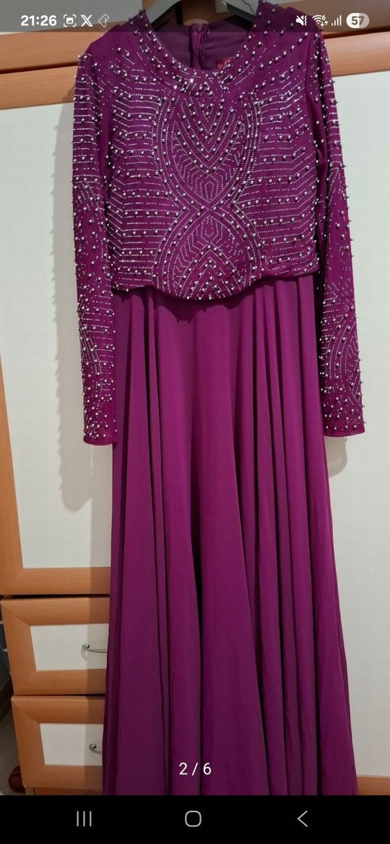 Boncuk İşlemeli Uzun Mor Abiye Elbise - Görsel 2