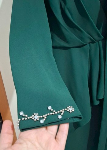 Yeşil Uzun Kollu İşlemeli Abiye Elbise - Görsel 5