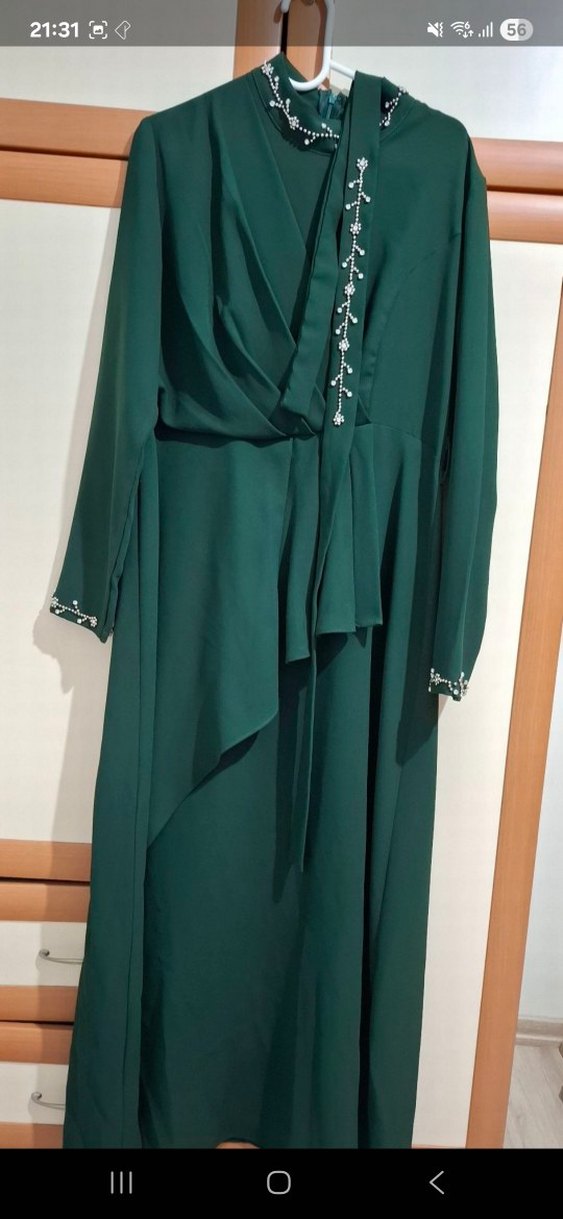 Yeşil Uzun Kollu İşlemeli Abiye Elbise - Görsel 2