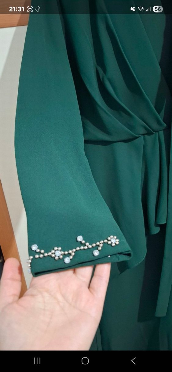 Yeşil Uzun Kollu İşlemeli Abiye Elbise - Görsel 5