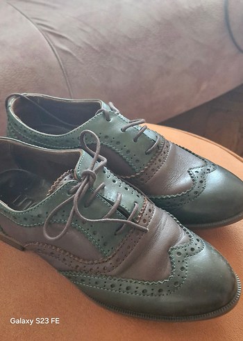 Kahverengi ve haki Deri Kadın Oxford Ayakkabı inci marka 36 no - Görsel 8