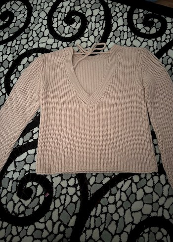 Bej V Yaka Örgü Kadın Kazak - Görsel 2