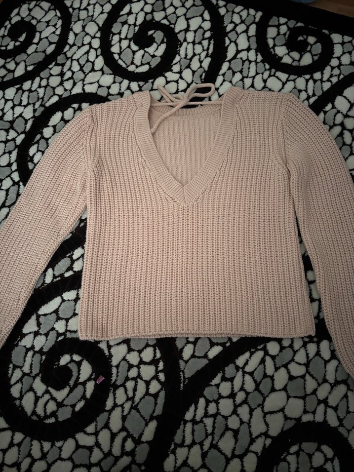 Bej V Yaka Örgü Kadın Kazak - Görsel 2