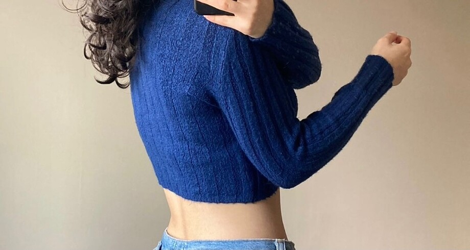 s Beden Mavi-saks mavisi uzun kollu crop