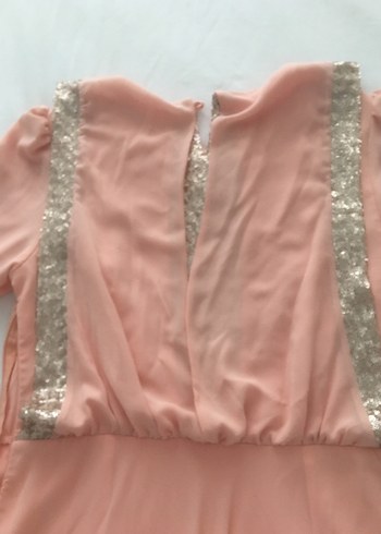 Pembe V Yaka Uzun Kollu Abiye Elbise