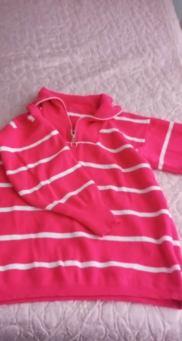 Pembe Çizgili Kısa Kollu Triko Kazak - Görsel 3