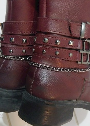 Kahverengi Tokalı Deri Biker Bot - Görsel 3