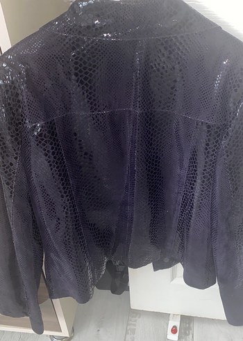 Lacivert Yılan Desenli Deri Ceket - Görsel 5