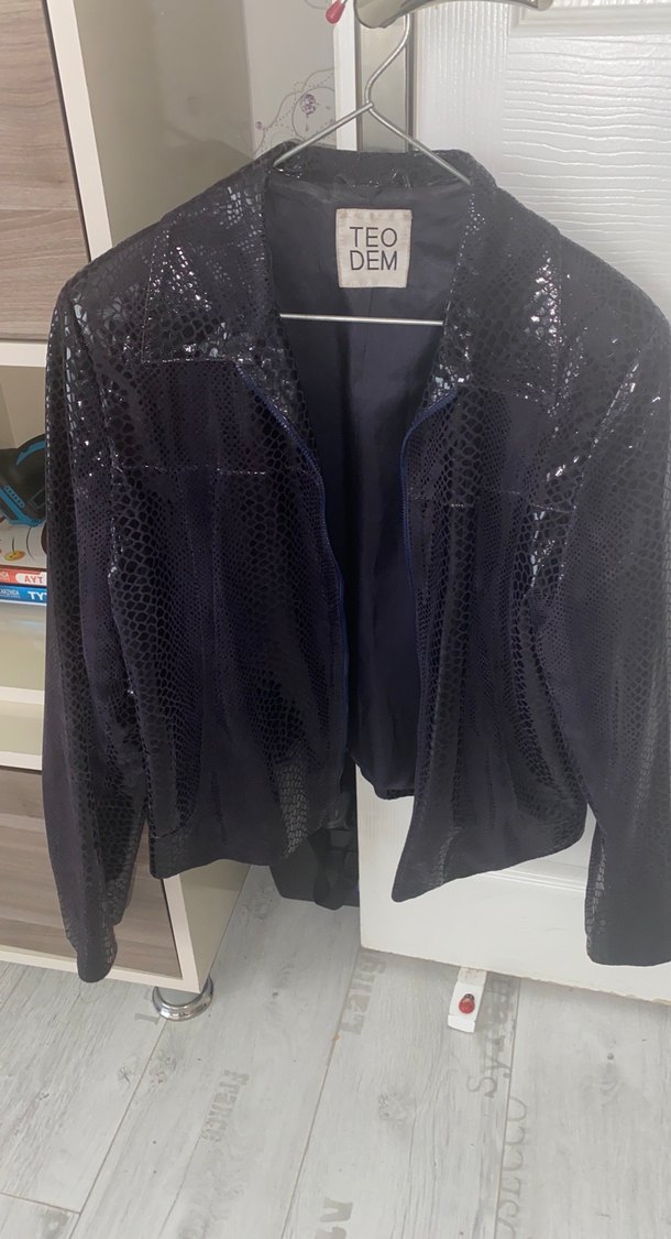 Lacivert Yılan Desenli Deri Ceket - Görsel 2