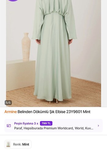 Armine Mint Renk Belden Dökümlü Uzun Elbise - Görsel 5