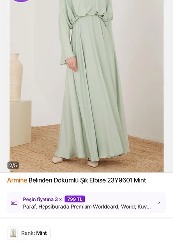 Armine Mint Renk Belden Dökümlü Uzun Elbise - Görsel 2