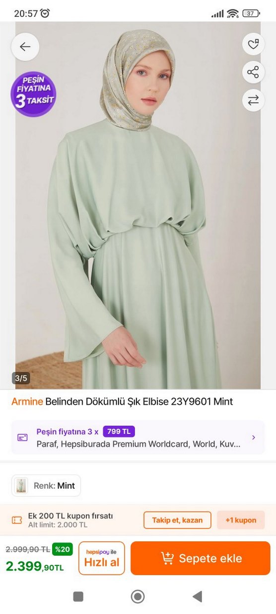 Armine Mint Renk Belden Dökümlü Uzun Elbise - Görsel 3