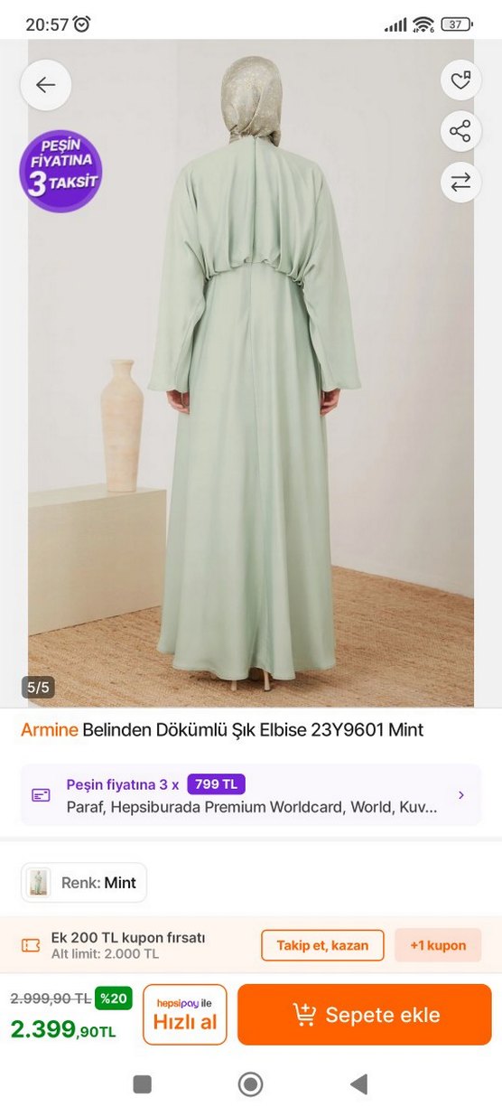 Armine Mint Renk Belden Dökümlü Uzun Elbise - Görsel 5