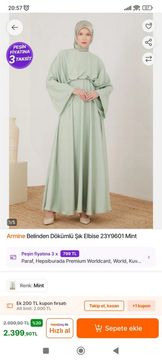 Armine Mint Renk Belden Dökümlü Uzun Elbise - Görsel 4