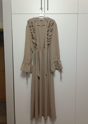 Bej Kadın Uzun  Elbise Fırfır Detaylı - Görsel 2