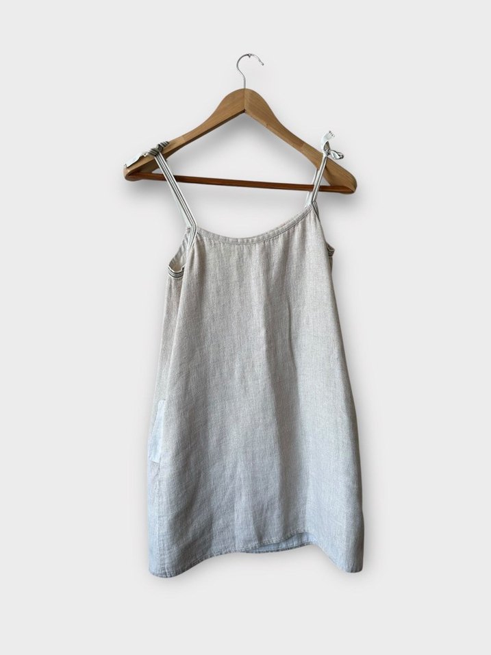 Yargıcı Bej Keten Askılı Midi Elbise - Görsel 2